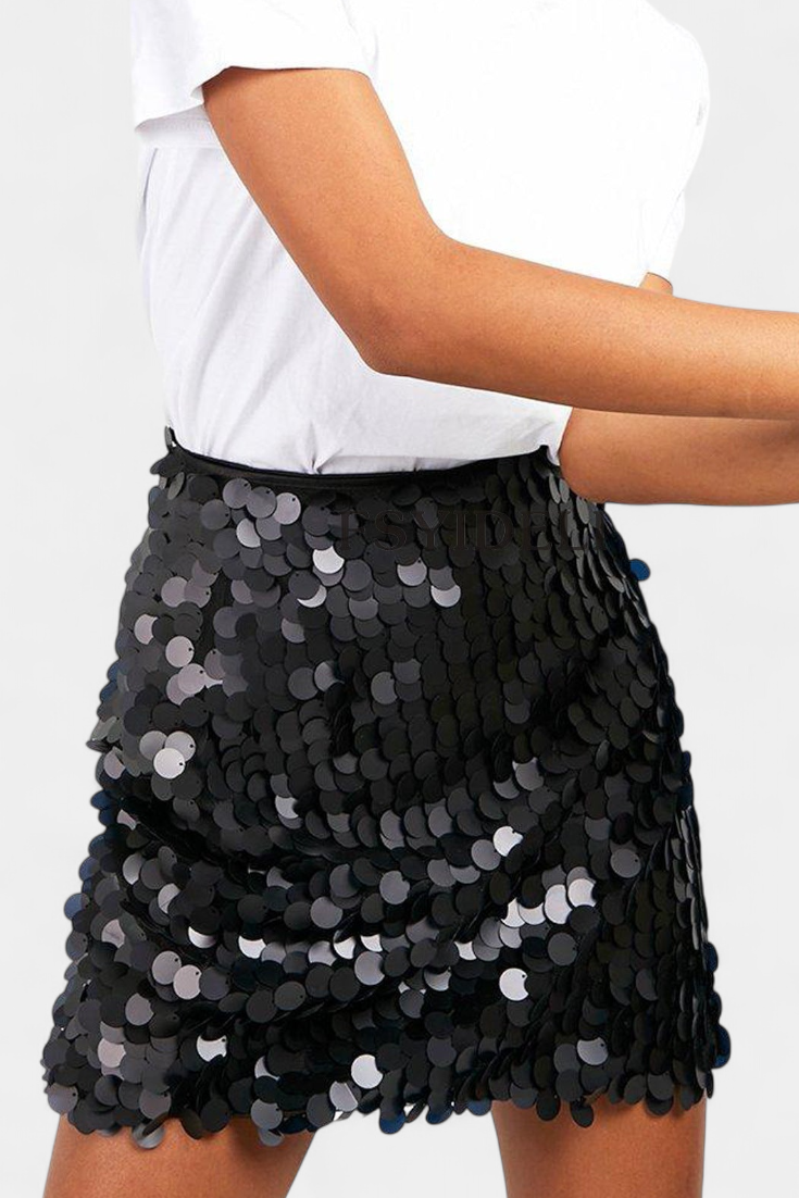 Camila – Falda Mini Lentejuelas Brillo Negro Dorado Plata