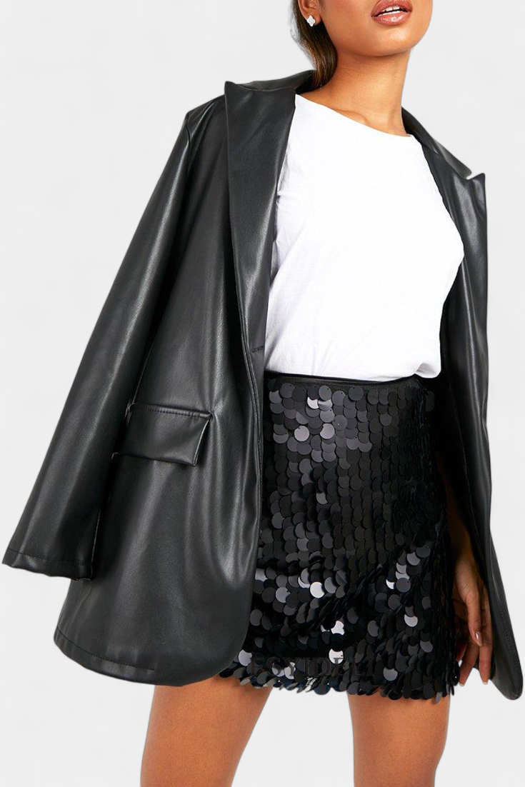 Camila – Falda Mini Lentejuelas Brillo Negro Dorado Plata