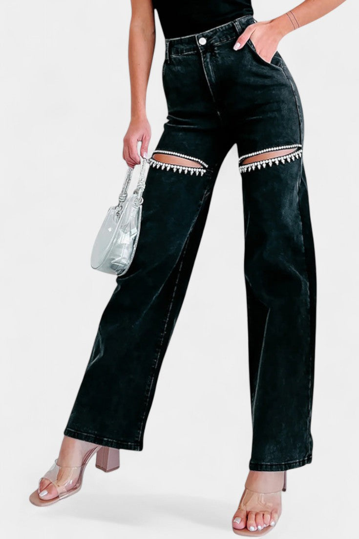 Jeans Rectos Rasgados Con Rhinestones Desgastados Evelyn