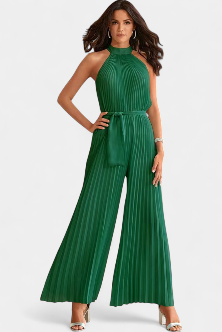 Patricia – Mono Palazzo Plisado Cuello Halter Elegante