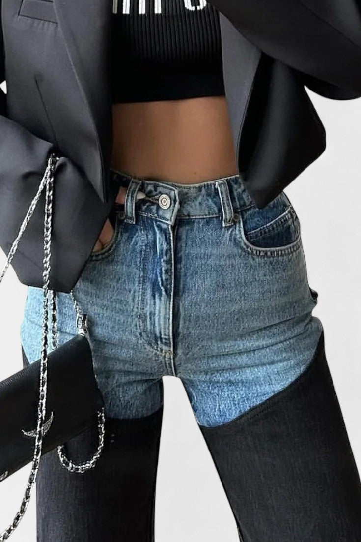 Marta – Jeans Tiro Alto Patchwork Pierna Recta Sin Elastano