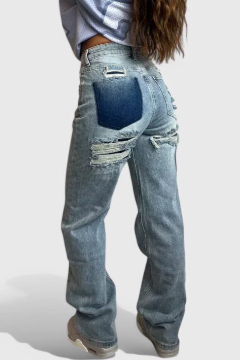 Camila - Jeans Cintura Alta Patchwork Trasero Desgastado