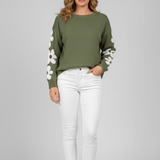 Suéter De Punto Con Detalle Floral En Mangas Textura Suave