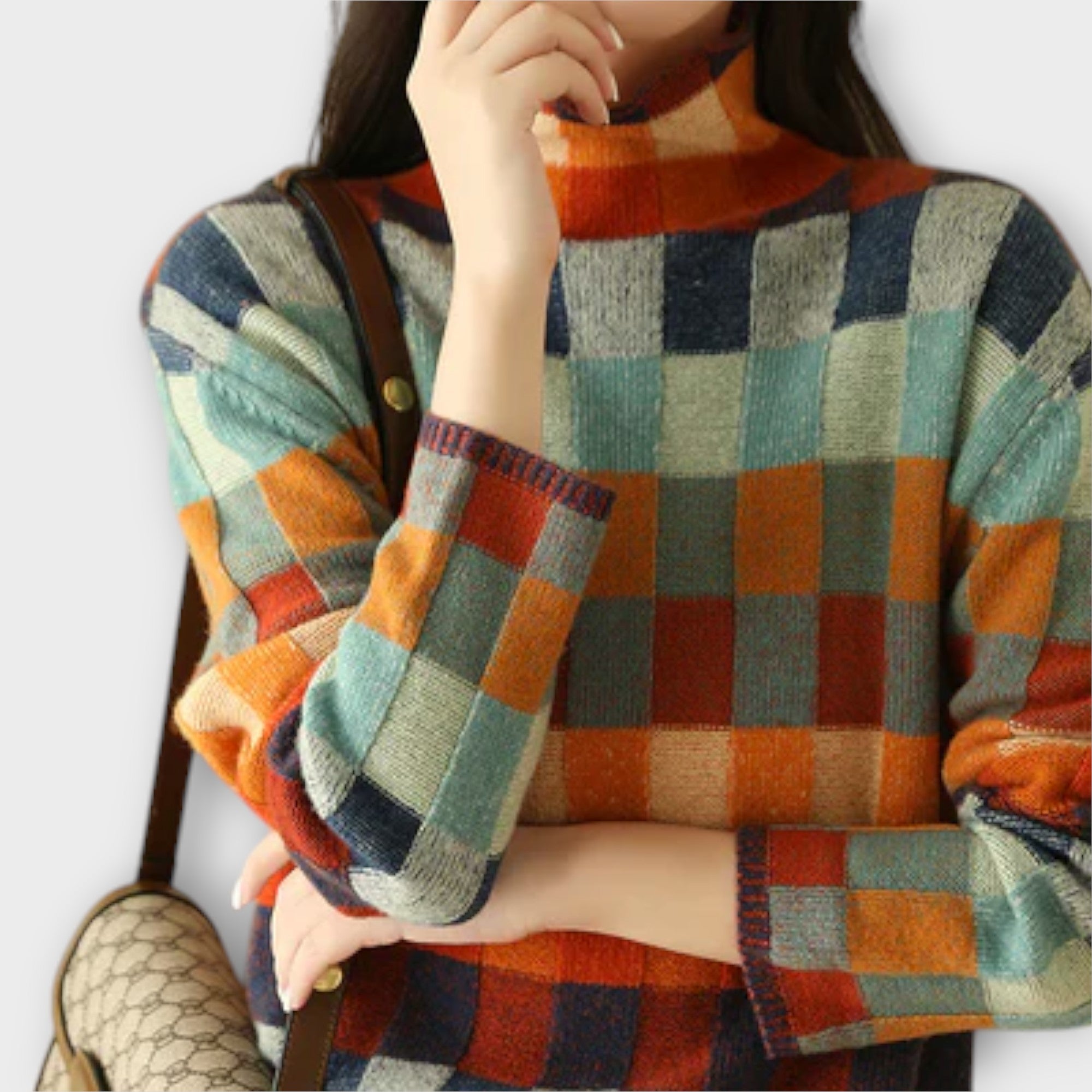Camila - Suéter Patchwork Cuello Alto Punto Suave Casual