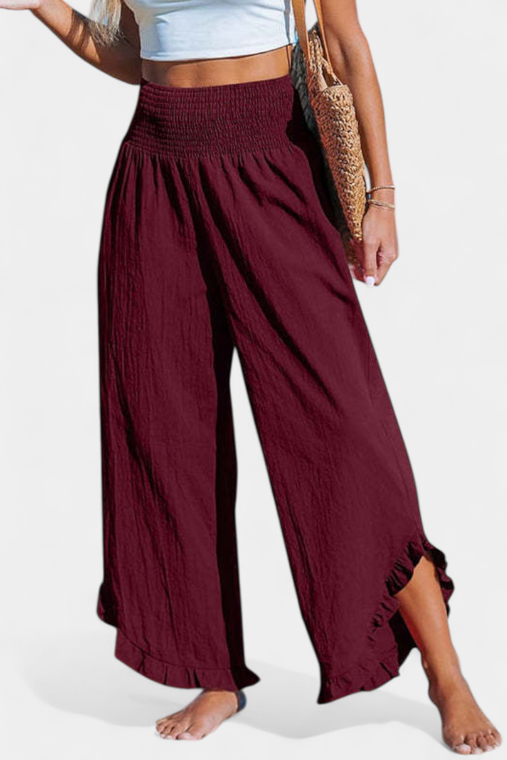 Martina - Pantalón Palazzo Talle Alto Lino Con Volantes