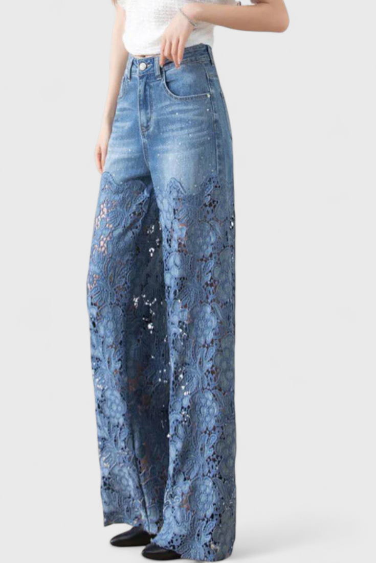 Camila – Pantalón Palazzo Denim Con Encaje Floral Bordado