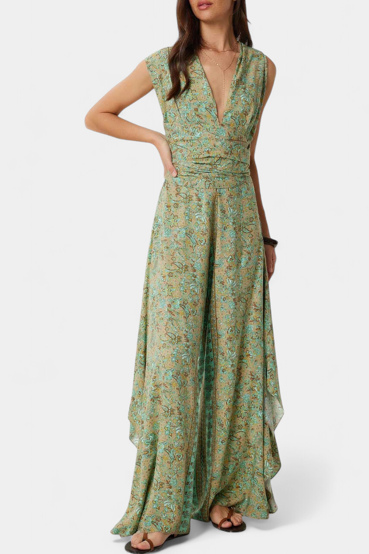 Mariana – Mono Cruzado Estampado Floral Verde Elegante