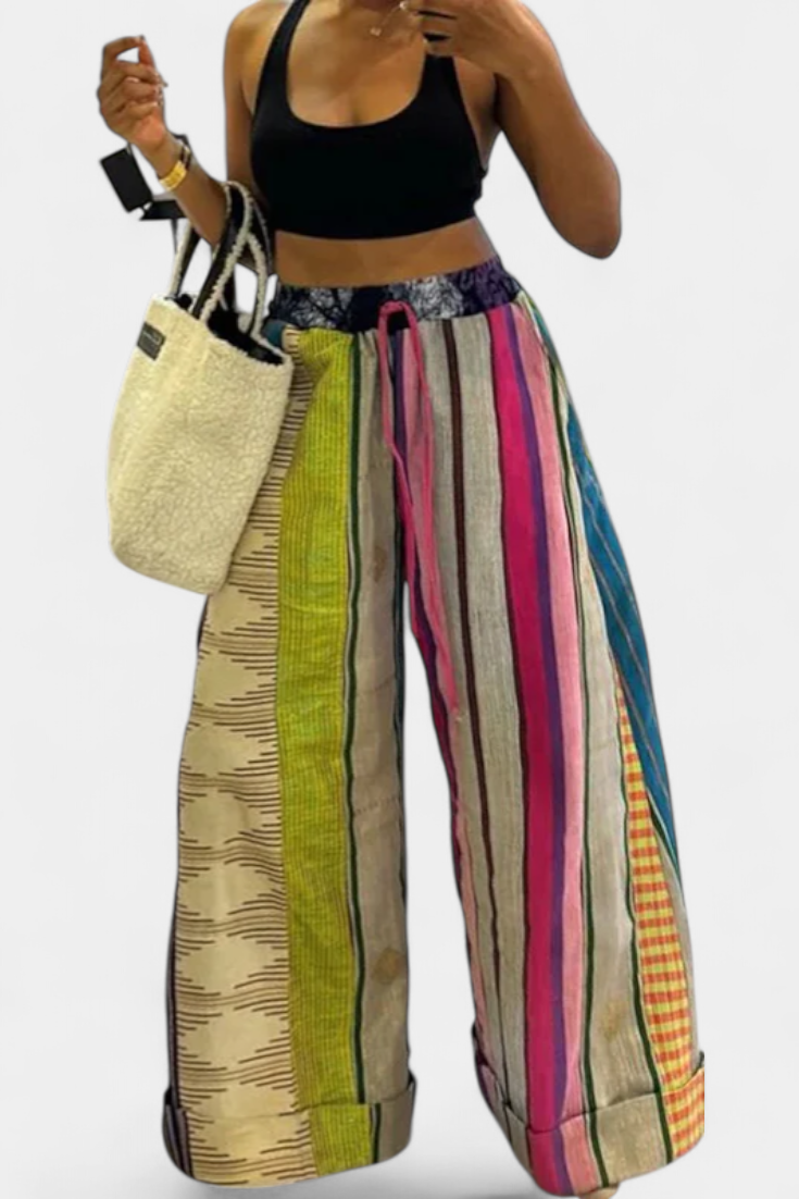María – Pantalones Anchos Rayas Algodón Suave Amarillo