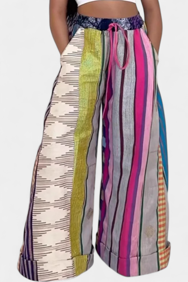 María – Pantalones Anchos Rayas Algodón Suave Amarillo