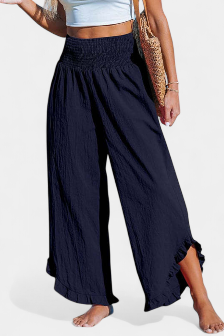 Martina - Pantalón Palazzo Talle Alto Lino Con Volantes