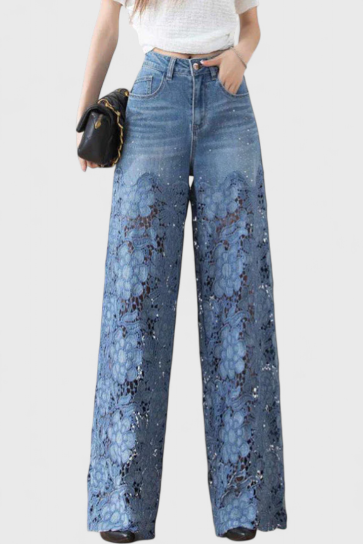Camila – Pantalón Palazzo Denim Con Encaje Floral Bordado