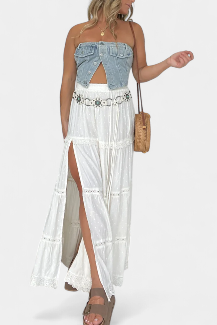 Diana – Falda Maxi Boho Con Encaje Y Abertura Frontal