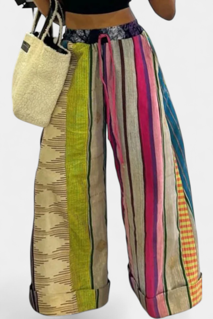 María – Pantalones Anchos Rayas Algodón Suave Amarillo