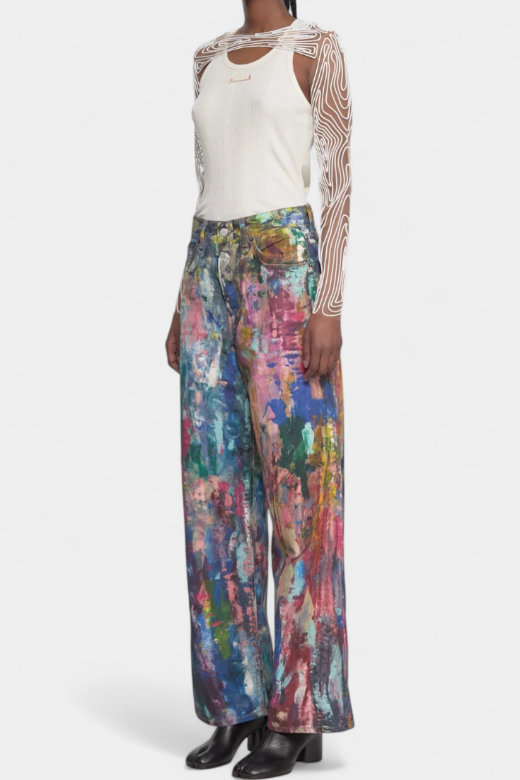 Camila - Pantalón Vaquero Pierna Ancha Estampado Artístico