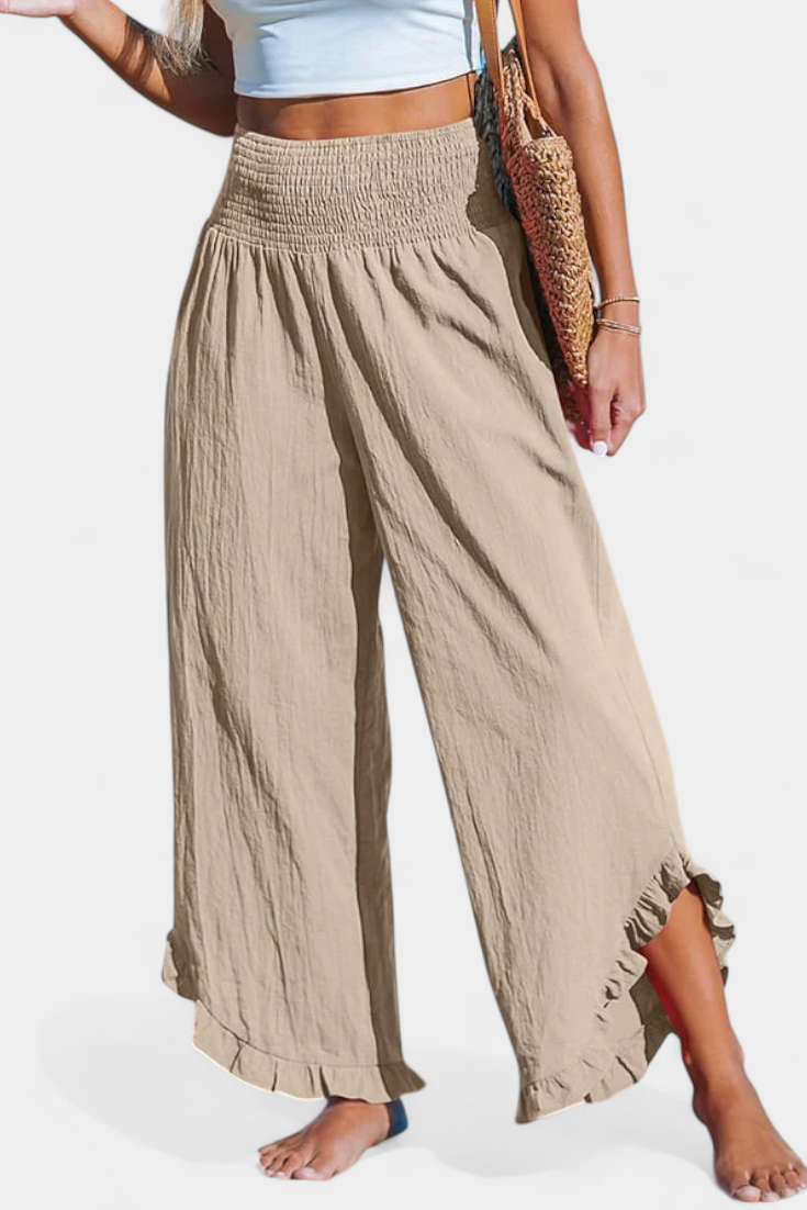 Martina - Pantalón Palazzo Talle Alto Lino Con Volantes