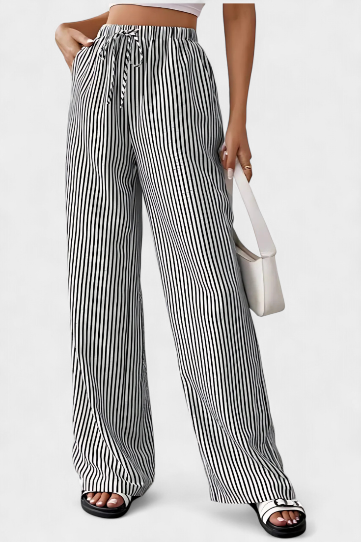 Camila – Pantalón Recto Rayado Cintura Ajustable Casual