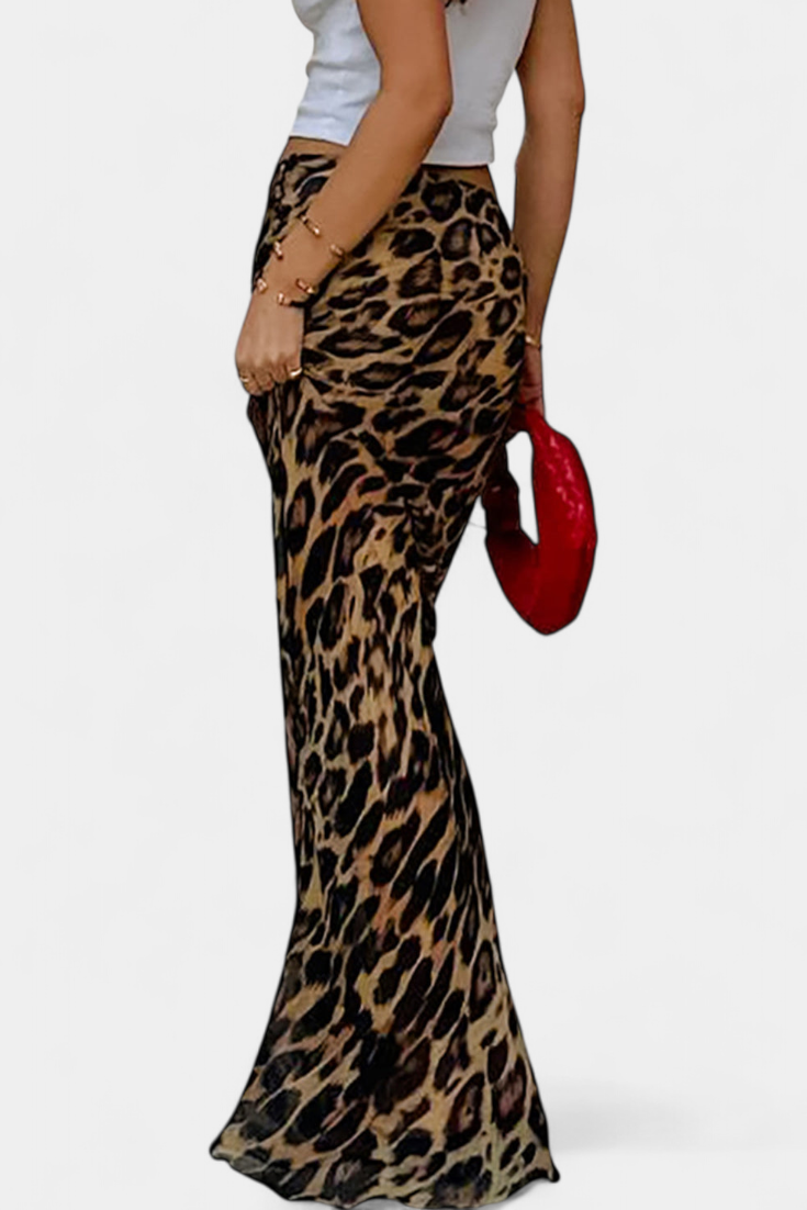 Camila – Falda Maxi Ajustada Estampado Leopardo Woven