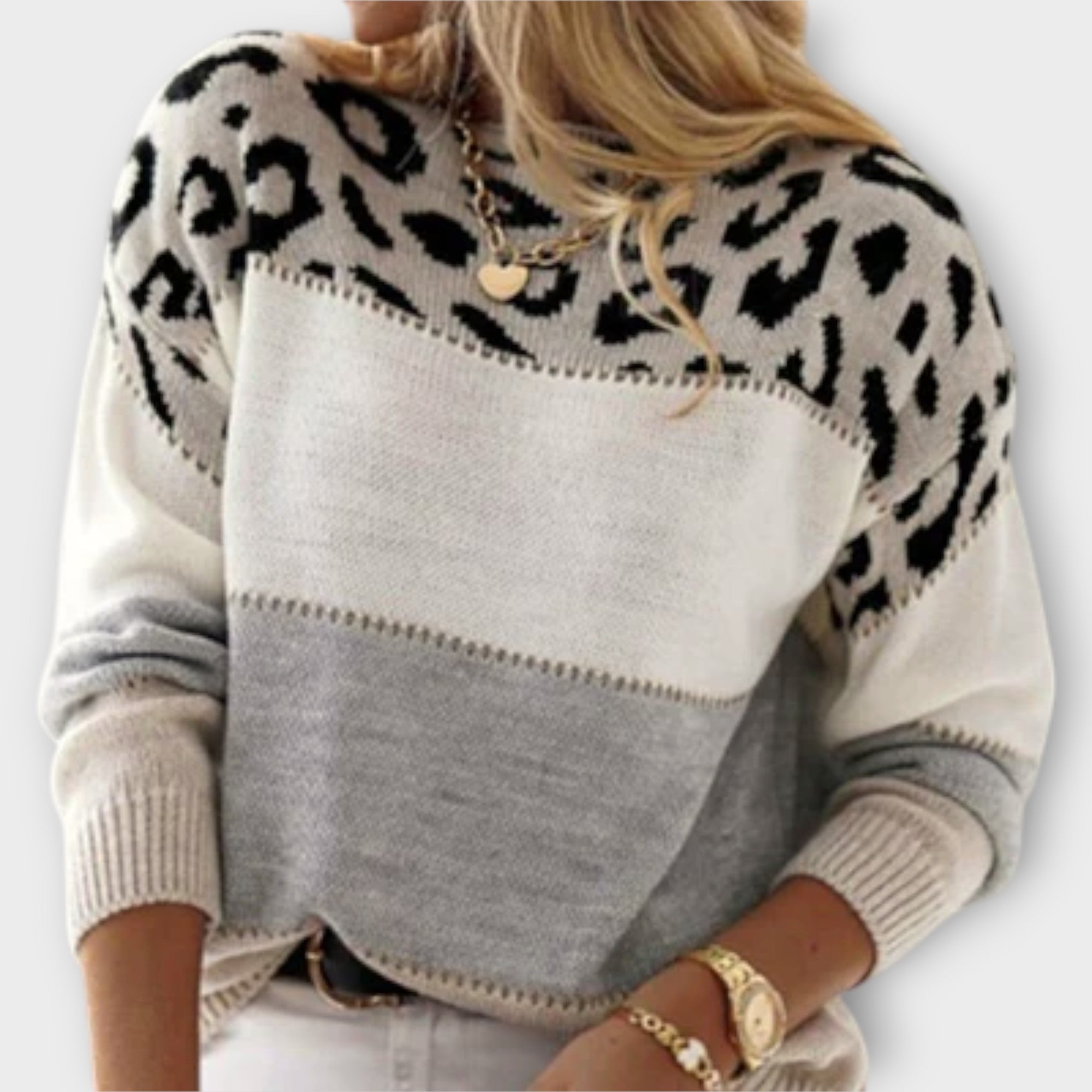 Elena – Jersey Casual Leopardo Gris Rosa Cómodo De Punto