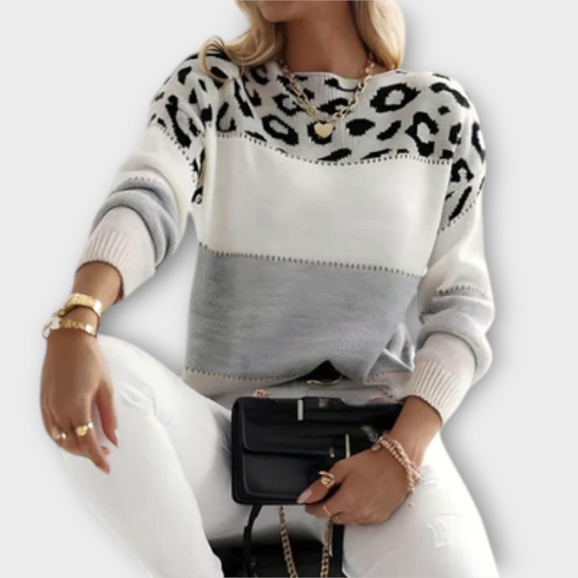 Elena – Jersey Casual Leopardo Gris Rosa Cómodo De Punto