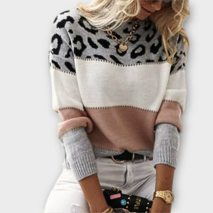 Elena – Jersey Casual Leopardo Gris Rosa Cómodo De Punto