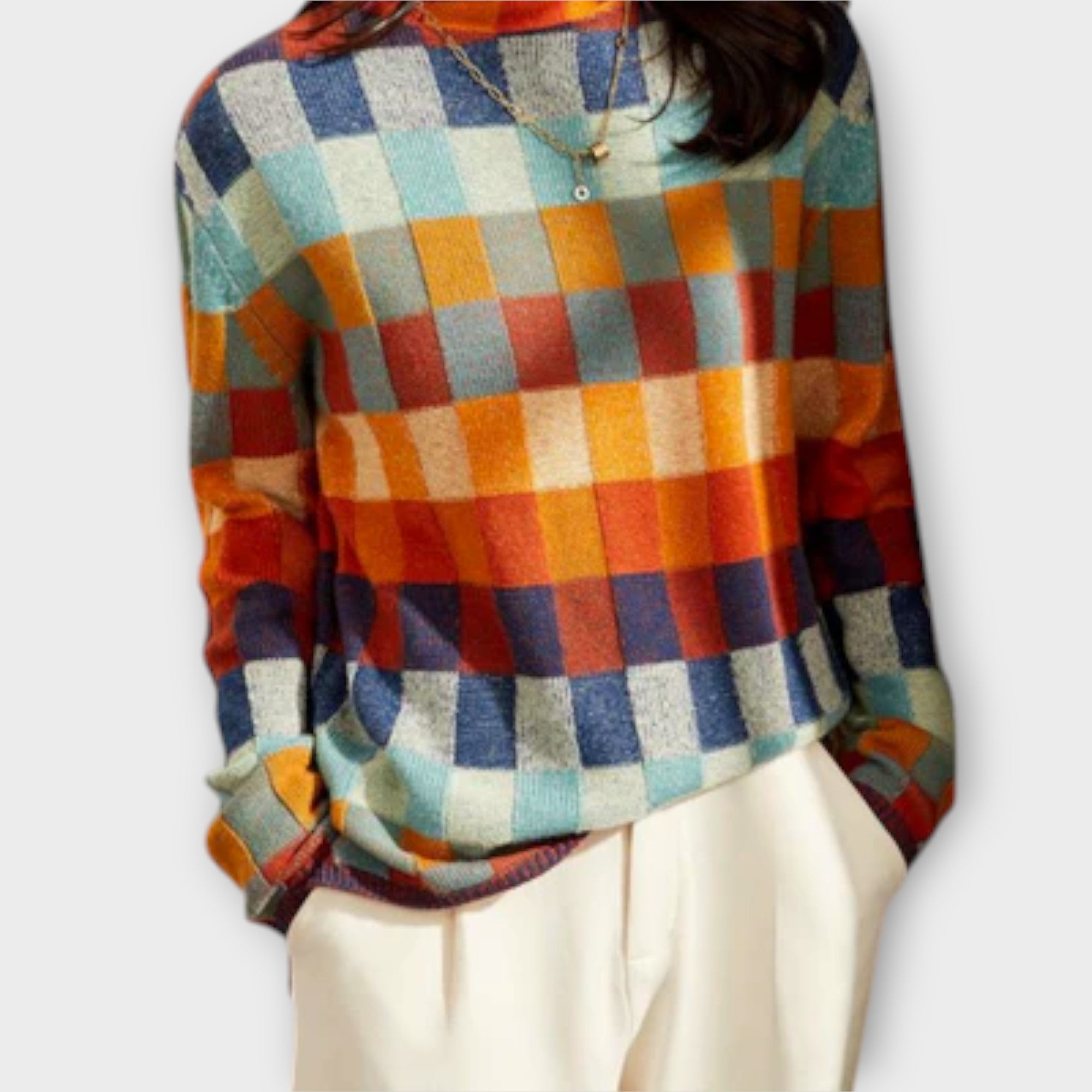 Camila - Suéter Patchwork Cuello Alto Punto Suave Casual