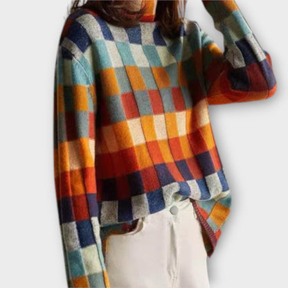 Camila - Suéter Patchwork Cuello Alto Punto Suave Casual