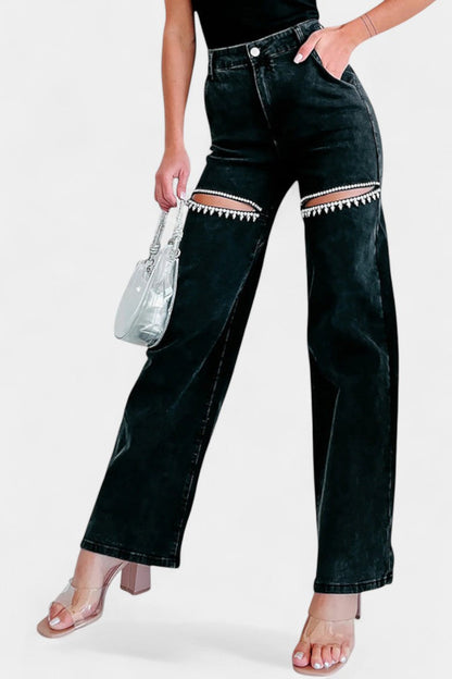 Jeans Rectos Rasgados Con Rhinestones Desgastados Evelyn