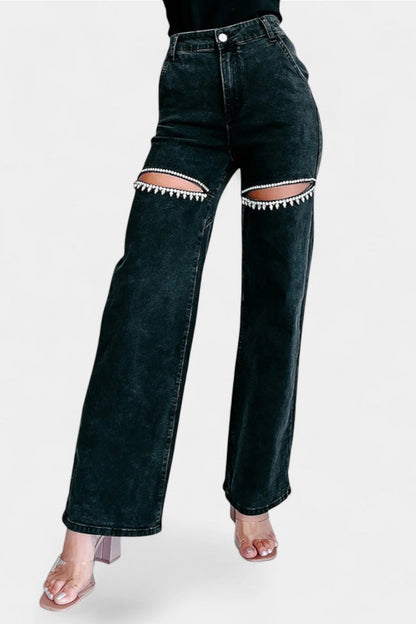 Jeans Rectos Rasgados Con Rhinestones Desgastados Evelyn