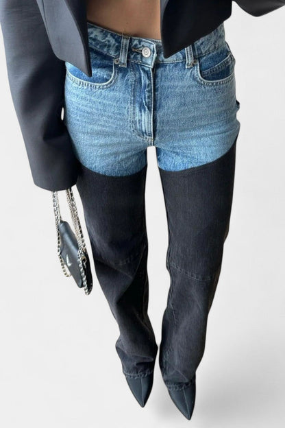 Marta – Jeans Tiro Alto Patchwork Pierna Recta Sin Elastano