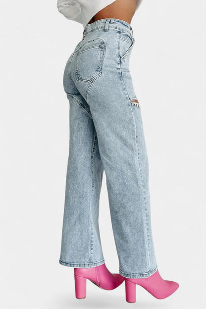 Jeans Rectos Rasgados Con Rhinestones Desgastados Evelyn
