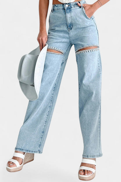 Jeans Rectos Rasgados Con Rhinestones Desgastados Evelyn