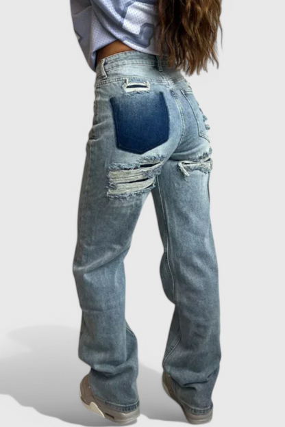 Camila - Jeans Cintura Alta Patchwork Trasero Desgastado