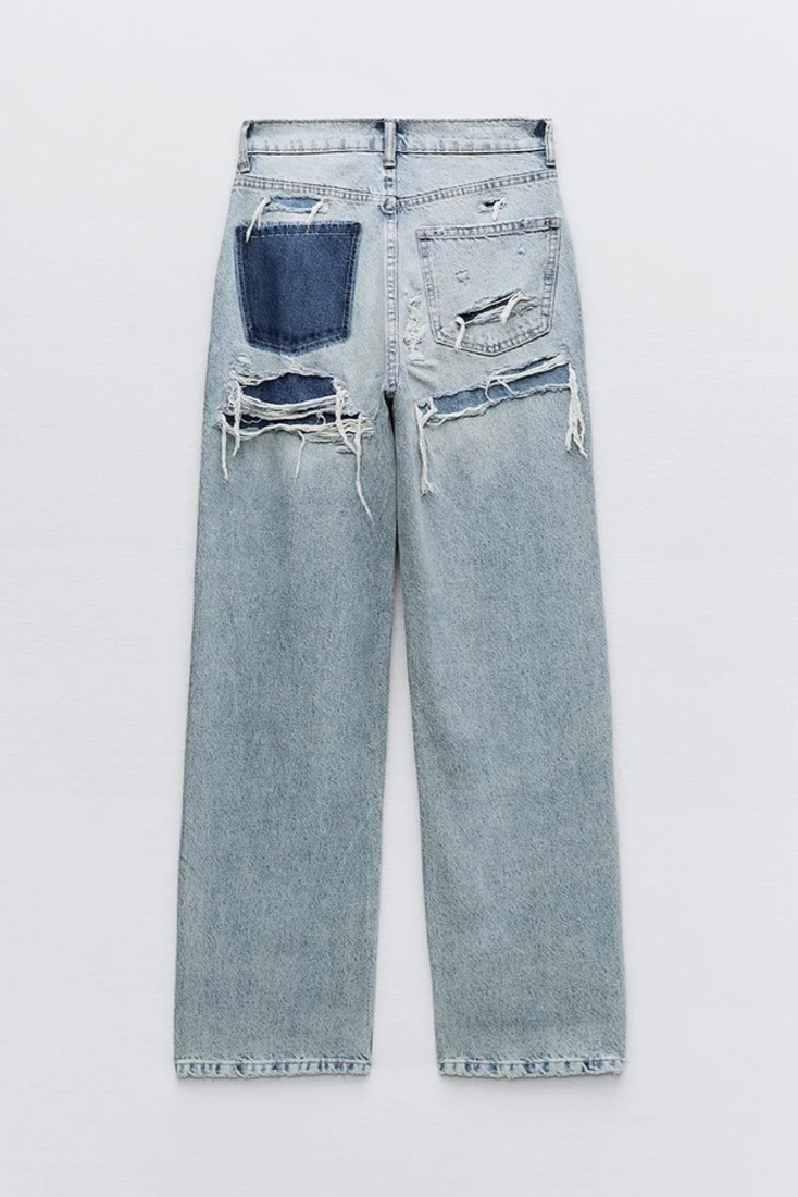 Camila - Jeans Cintura Alta Patchwork Trasero Desgastado