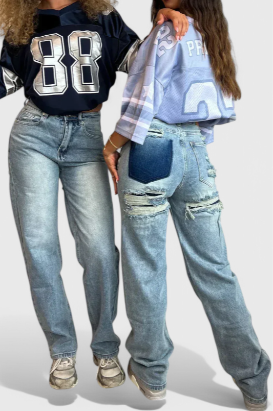 Camila - Jeans Cintura Alta Patchwork Trasero Desgastado