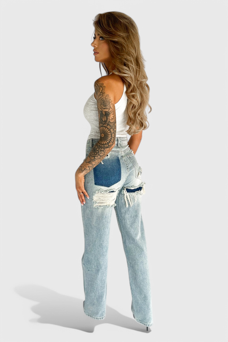 Camila - Jeans Cintura Alta Patchwork Trasero Desgastado