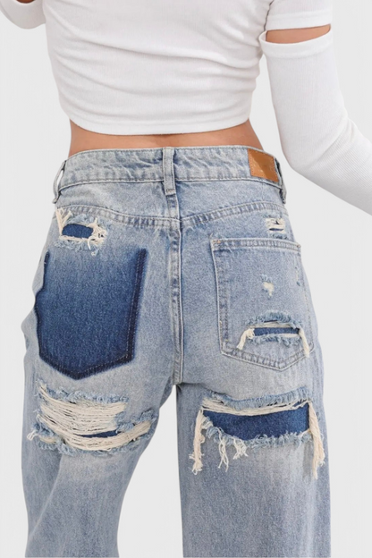 Camila - Jeans Cintura Alta Patchwork Trasero Desgastado