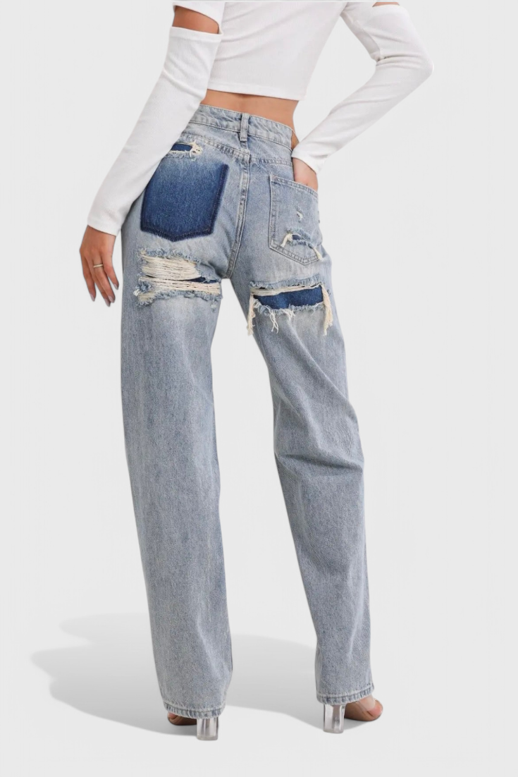 Camila - Jeans Cintura Alta Patchwork Trasero Desgastado