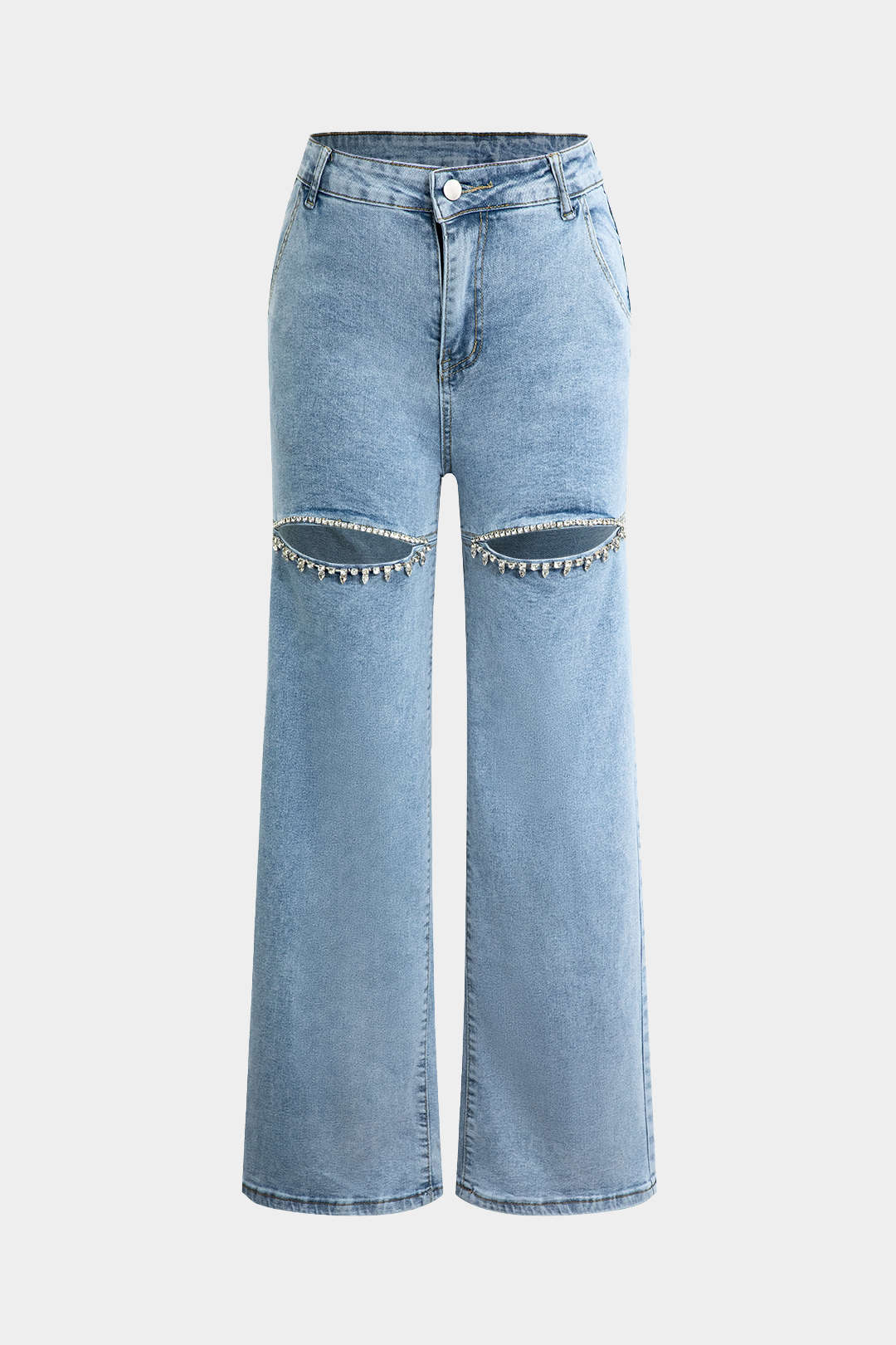 Jeans Rectos Rasgados Con Rhinestones Desgastados Evelyn