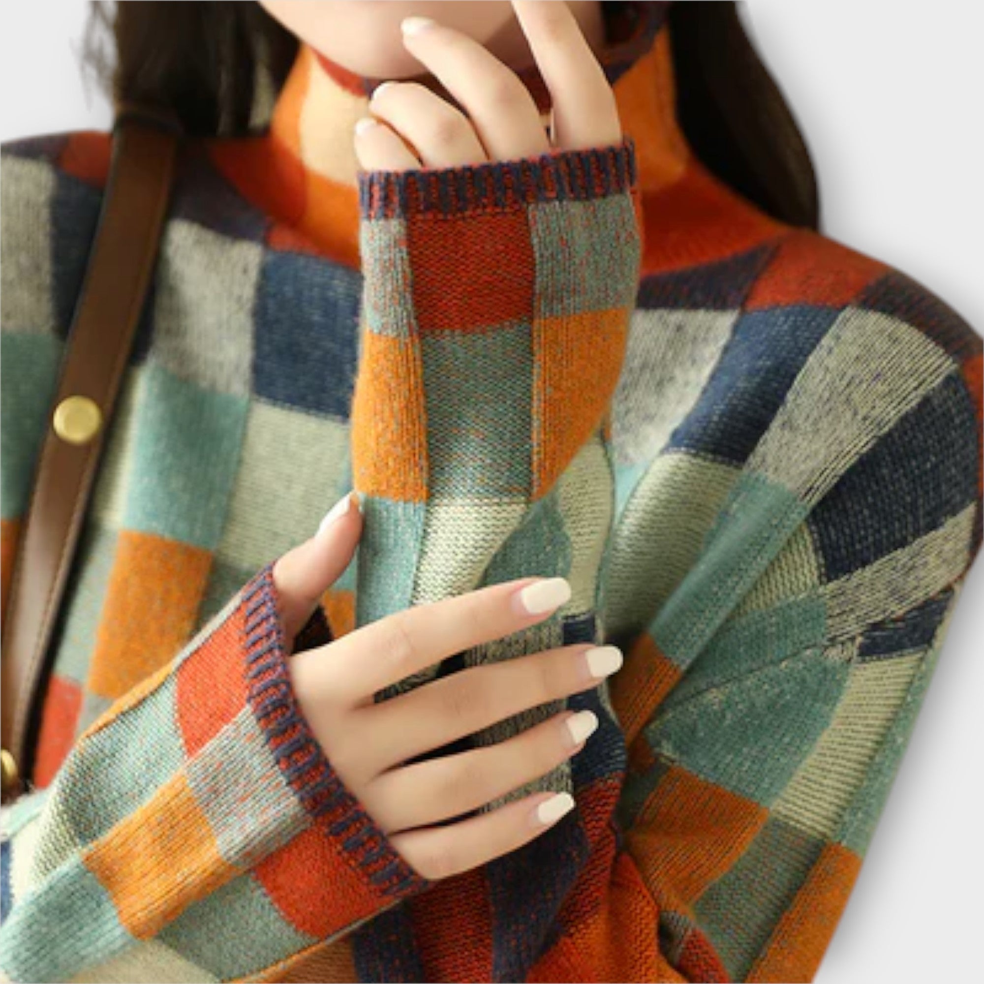 Camila - Suéter Patchwork Cuello Alto Punto Suave Casual
