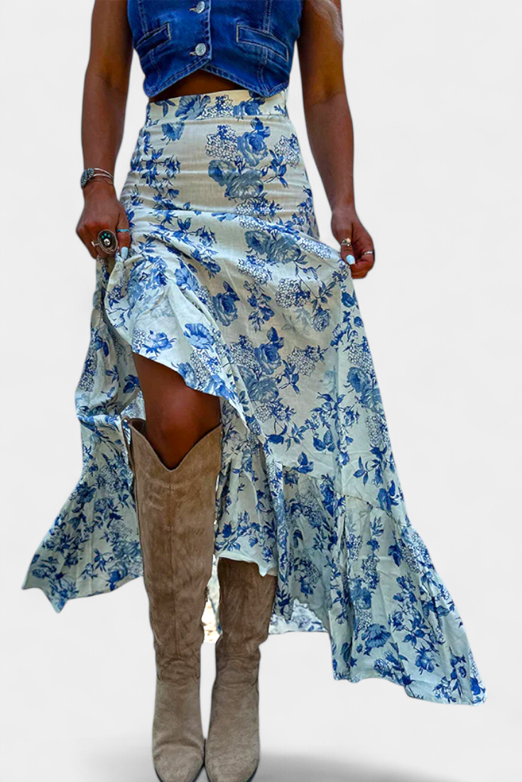 Lucía – Falda Maxi Floral Azul Con Abertura Y Volantes