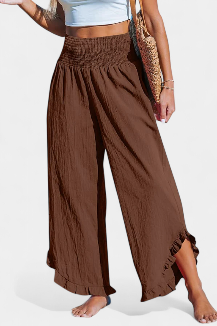 Martina - Pantalón Palazzo Talle Alto Lino Con Volantes