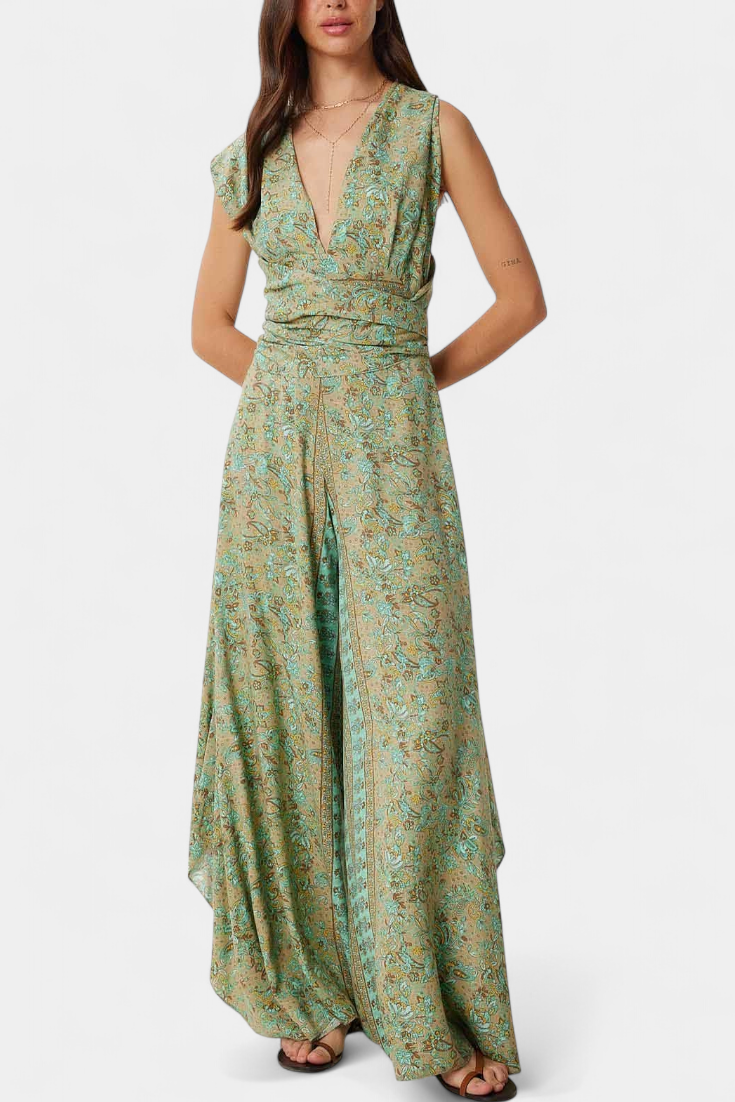 Mariana – Mono Cruzado Estampado Floral Verde Elegante