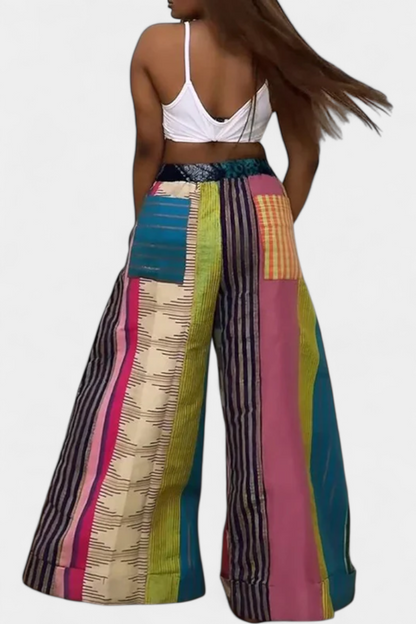 María – Pantalones Anchos Rayas Algodón Suave Amarillo