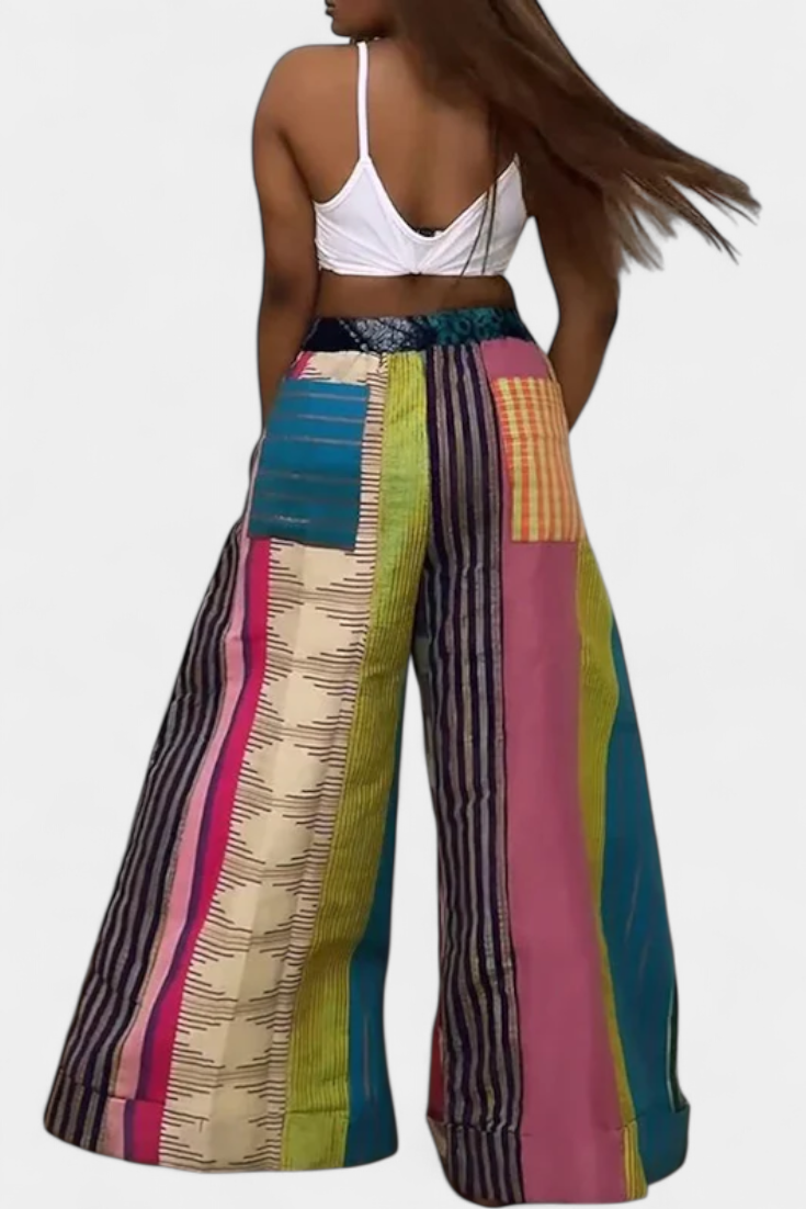 María – Pantalones Anchos Rayas Algodón Suave Amarillo