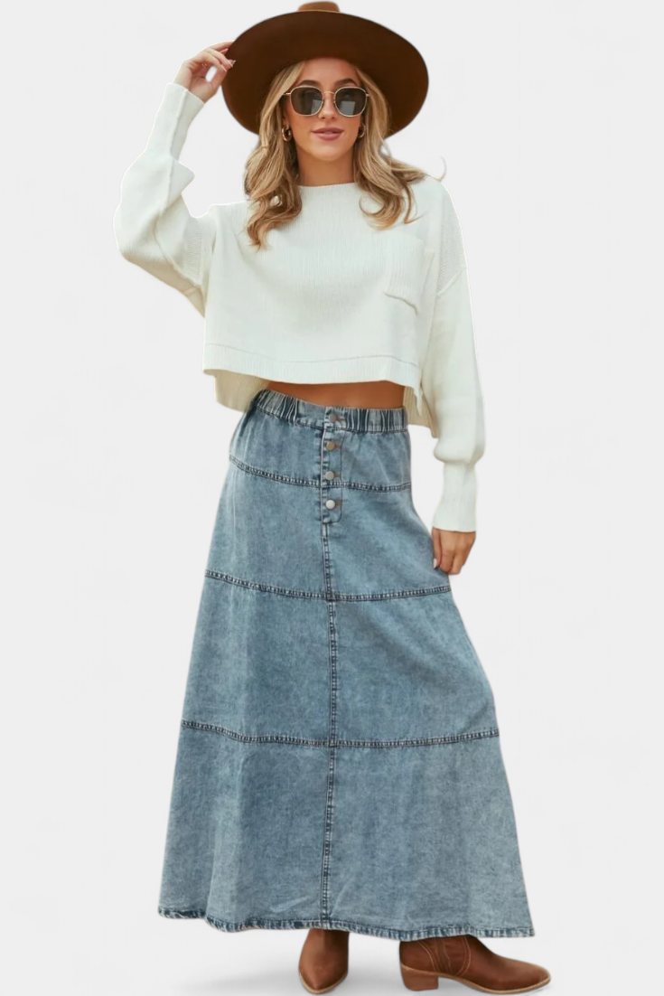 Lorena – Falda Maxi Vaquera Con Pluma Y Costuras Marcadas
