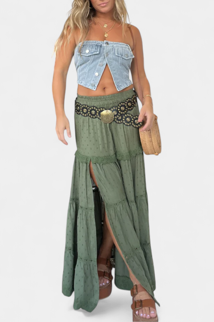 Diana – Falda Maxi Boho Con Encaje Y Abertura Frontal