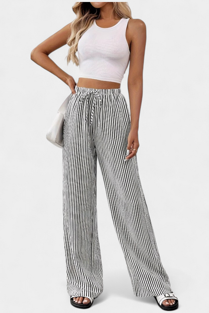 Camila – Pantalón Recto Rayado Cintura Ajustable Casual