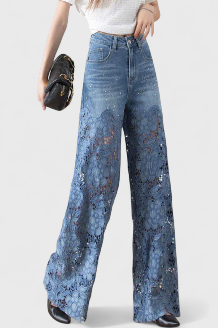 Camila – Pantalón Palazzo Denim Con Encaje Floral Bordado