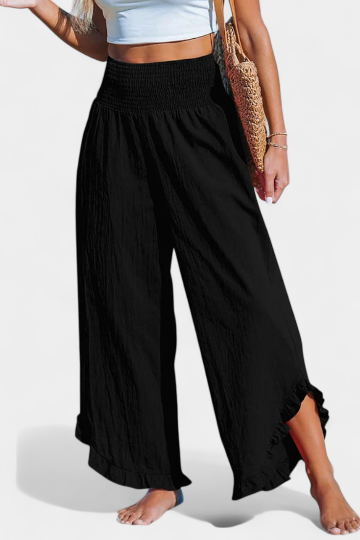 Martina - Pantalón Palazzo Talle Alto Lino Con Volantes