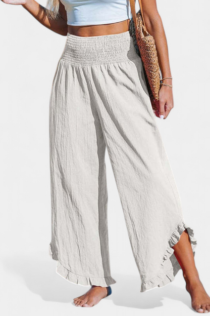 Martina - Pantalón Palazzo Talle Alto Lino Con Volantes